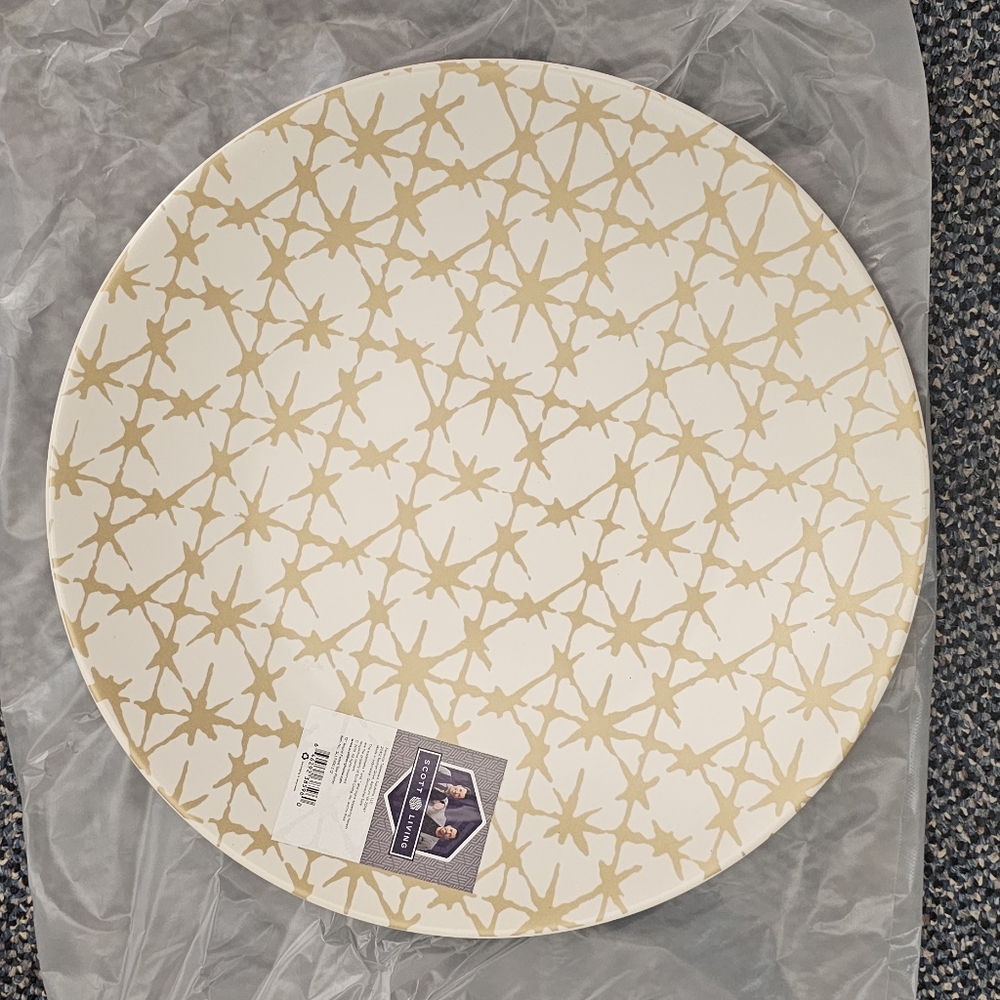 Scott Living 12 inch Round Ceramic Holiday Platter 2PK White Gold New MSRP $62 - Picture 2 of 8